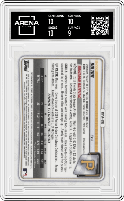 Cody Bolton from the 2020 Bowman Chrome set graded by Arena Club and given an overall grade of 9.5.