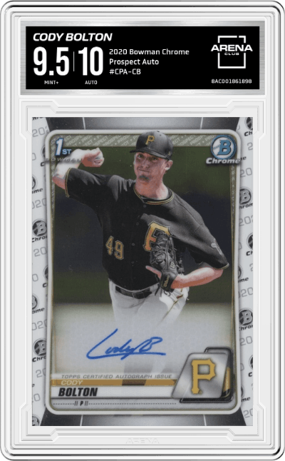 Cody Bolton from the 2020 Bowman Chrome set graded by Arena Club and given an overall grade of 9.5.