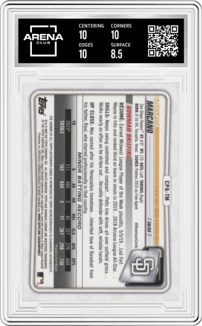 Tucupita Marcano from the 2020 Bowman Chrome set graded by Arena Club and given an overall grade of 9.