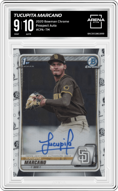 Tucupita Marcano from the 2020 Bowman Chrome set graded by Arena Club and given an overall grade of 9.