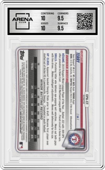 Curtis Terry from the 2020 Bowman Chrome set featuring a Refractor parallel graded by Arena Club and given an overall grade of 10.