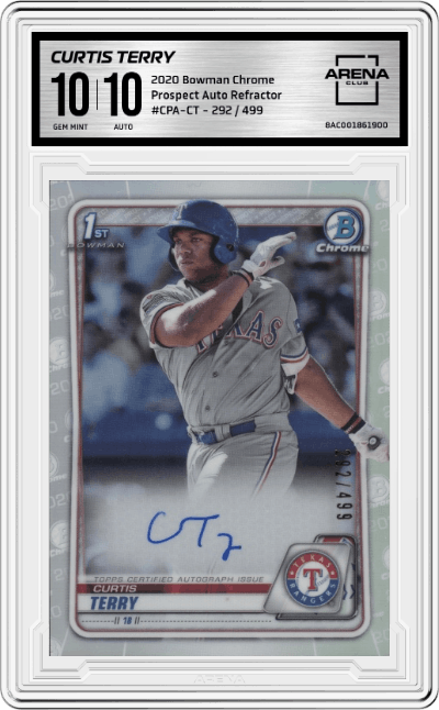 Curtis Terry from the 2020 Bowman Chrome set featuring a Refractor parallel graded by Arena Club and given an overall grade of 10.