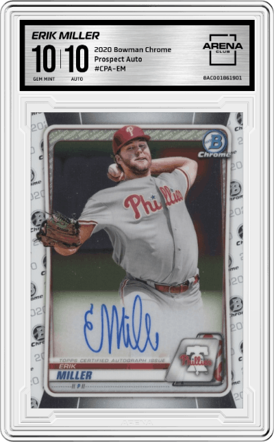 Erik Miller from the 2020 Bowman Chrome set graded by Arena Club and given an overall grade of 10.