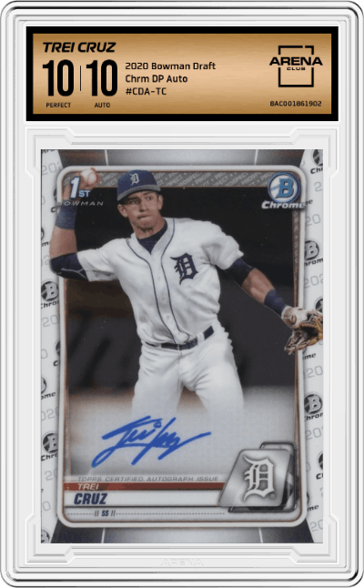 Trei Cruz from the 2020 Bowman Draft set graded by Arena Club and given an overall grade of 10.