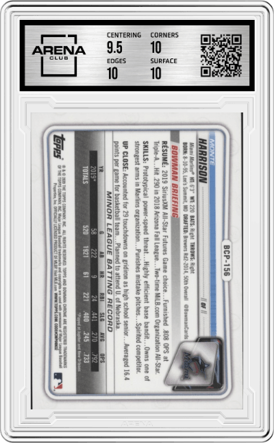 Monte Harrison from the 2020 Bowman Chrome set featuring a Purple Shimmer Refractor parallel graded by Arena Club and given an overall grade of 10.