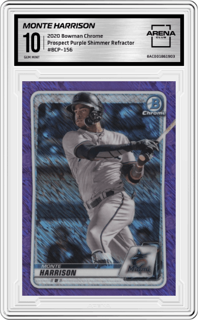 Monte Harrison from the 2020 Bowman Chrome set featuring a Purple Shimmer Refractor parallel graded by Arena Club and given an overall grade of 10.