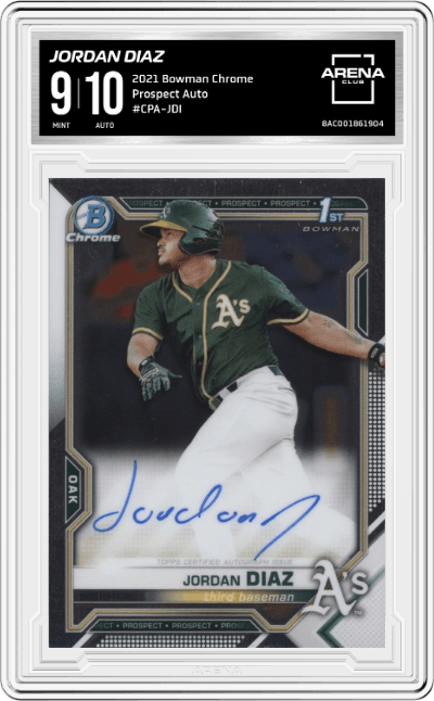 Jordan Diaz from the 2021 Bowman Chrome set graded by Arena Club and given an overall grade of 9.