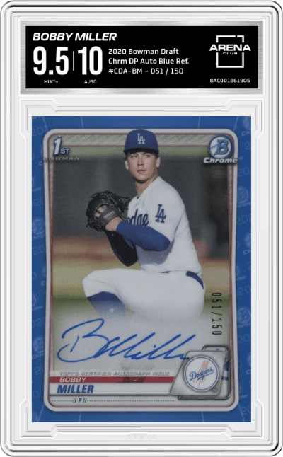 Bobby Miller from the 2020 Bowman Draft set featuring a Blue Refractor parallel graded by Arena Club and given an overall grade of 9.5.