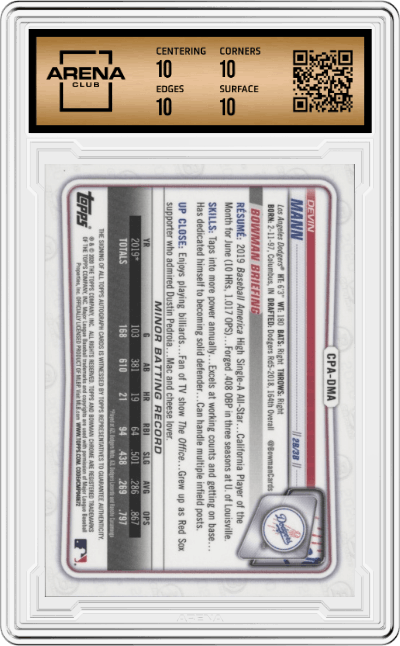 Devin Mann from the 2020 Bowman Chrome set featuring a Purple Refractor  parallel graded by Arena Club and given an overall grade of 10.