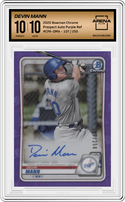 Devin Mann from the 2020 Bowman Chrome set featuring a Purple Refractor  parallel graded by Arena Club and given an overall grade of 10.