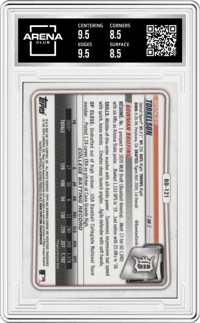 Spencer Torkelson from the 2020 Bowman Draft set graded by Arena Club and given an overall grade of 9.