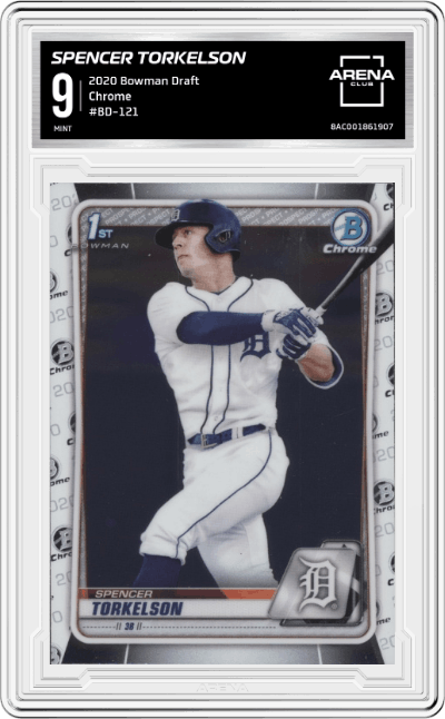 Spencer Torkelson from the 2020 Bowman Draft set graded by Arena Club and given an overall grade of 9.