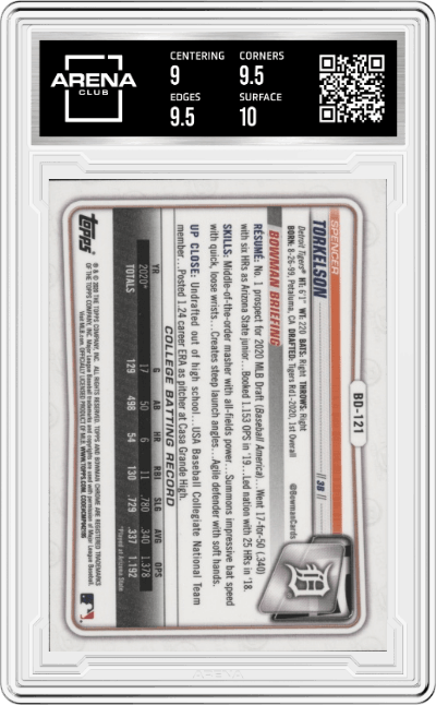 Spencer Torkelson from the 2020 Bowman Draft set graded by Arena Club and given an overall grade of 9.5.