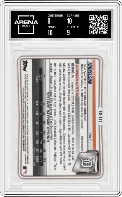 Spencer Torkelson from the 2020 Bowman Draft set graded by Arena Club and given an overall grade of 9.5.