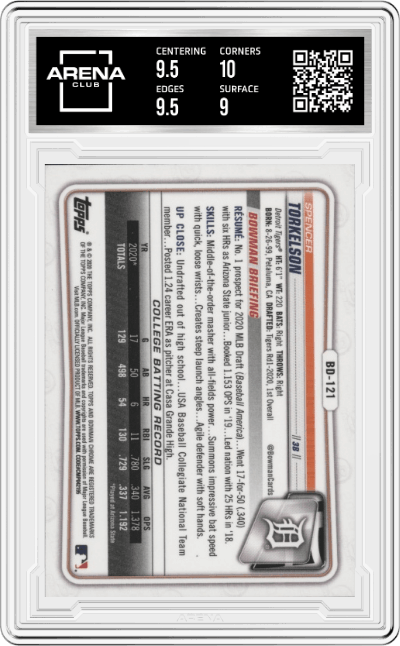 Spencer Torkelson from the 2020 Bowman Draft set graded by Arena Club and given an overall grade of 9.5.