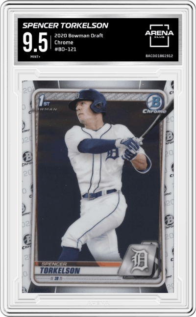 Spencer Torkelson from the 2020 Bowman Draft set graded by Arena Club and given an overall grade of 9.5.