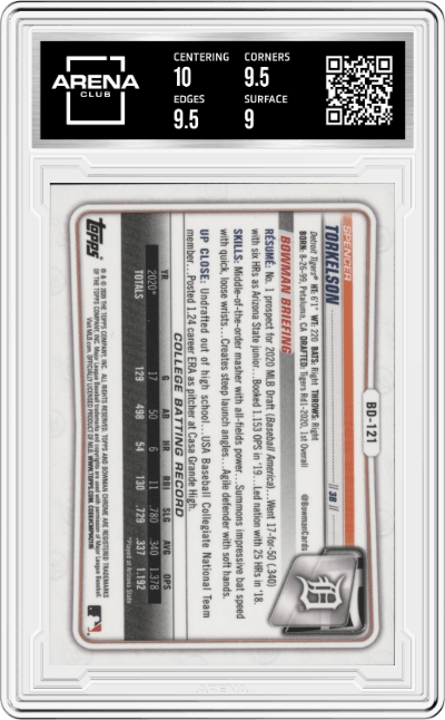 Spencer Torkelson from the 2020 Bowman Draft set graded by Arena Club and given an overall grade of 9.5.