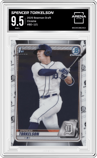 Spencer Torkelson from the 2020 Bowman Draft set graded by Arena Club and given an overall grade of 9.5.