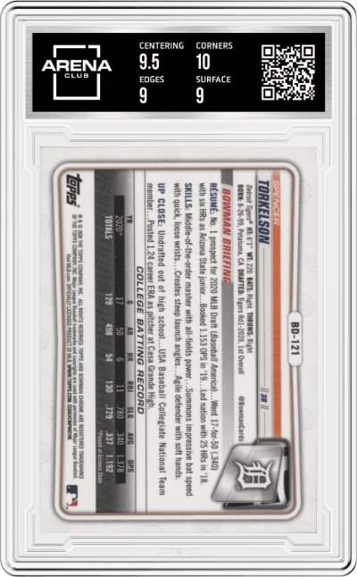 Spencer Torkelson from the 2020 Bowman Draft set graded by Arena Club and given an overall grade of 9.5.