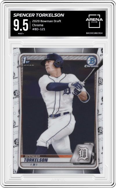 Spencer Torkelson from the 2020 Bowman Draft set graded by Arena Club and given an overall grade of 9.5.