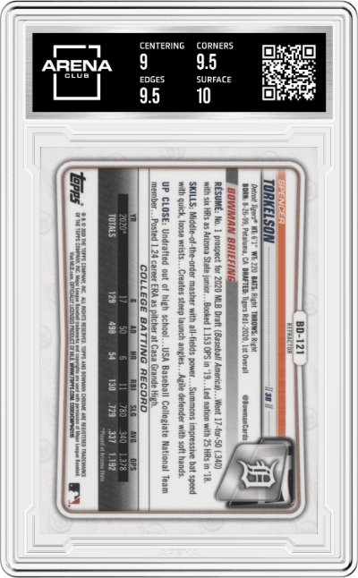 Spencer Torkelson from the 2020 Bowman Draft set featuring a Refractor parallel graded by Arena Club and given an overall grade of 9.5.