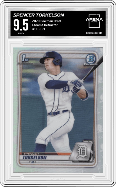 Spencer Torkelson from the 2020 Bowman Draft set featuring a Refractor parallel graded by Arena Club and given an overall grade of 9.5.