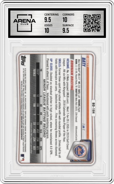Brett Baty from the 2020 Bowman Draft set featuring a  Gold Refractor parallel graded by Arena Club and given an overall grade of 10.