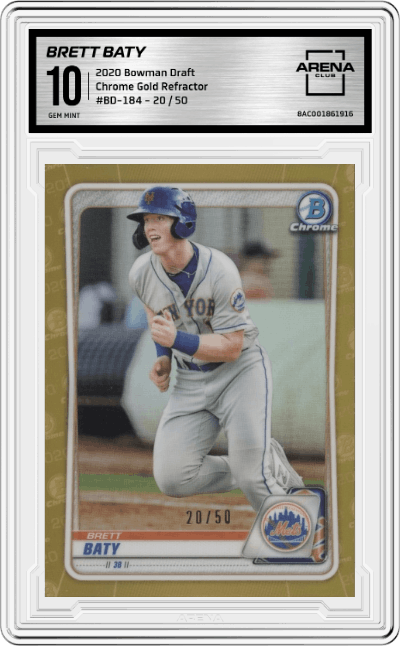 Brett Baty from the 2020 Bowman Draft set featuring a  Gold Refractor parallel graded by Arena Club and given an overall grade of 10.
