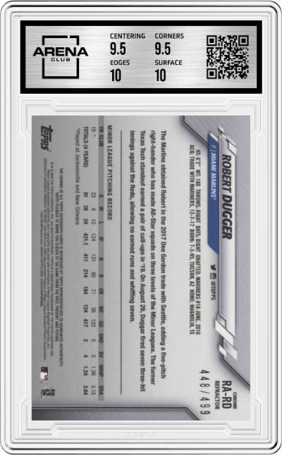 Robert Dugger from the 2020 Topps Chrome set featuring a Refractor parallel graded by Arena Club and given an overall grade of 10.