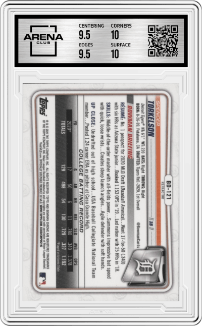 Spencer Torkelson from the 2020 Bowman Draft set featuring a Refractor parallel graded by Arena Club and given an overall grade of 10.