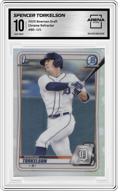 Spencer Torkelson from the 2020 Bowman Draft set featuring a Refractor parallel graded by Arena Club and given an overall grade of 10.