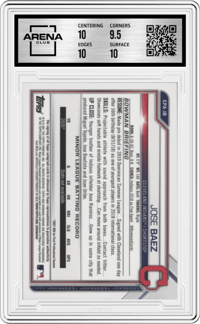Jose Baez from the 2021 Bowman Chrome set graded by Arena Club and given an overall grade of 10.