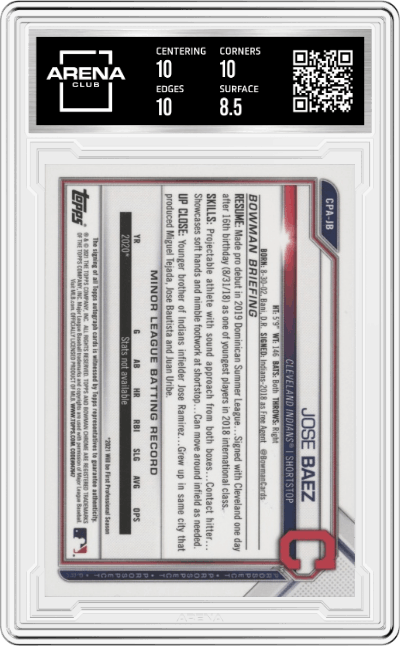 Jose Baez from the 2021 Bowman Chrome set graded by Arena Club and given an overall grade of 9.