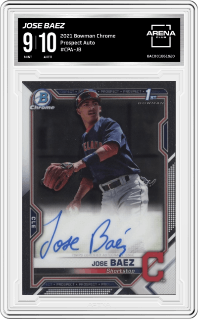Jose Baez from the 2021 Bowman Chrome set graded by Arena Club and given an overall grade of 9.