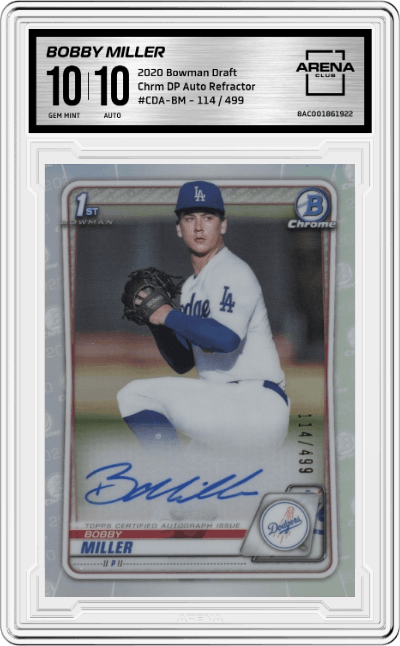 Bobby Miller from the 2020 Bowman Draft set featuring a Refractor parallel graded by Arena Club and given an overall grade of 10.