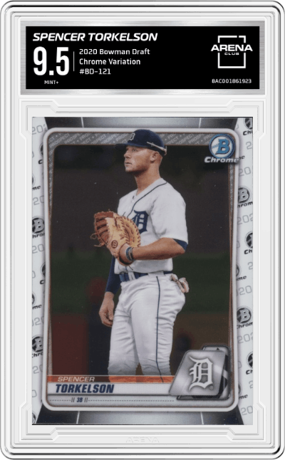 Spencer Torkelson from the 2020 Bowman Draft set graded by Arena Club and given an overall grade of 9.5.