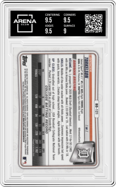 Spencer Torkelson from the 2020 Bowman Draft set graded by Arena Club and given an overall grade of 9.5.