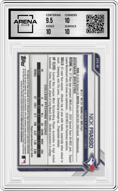 Nick Frasso from the 2021 Bowman Chrome set featuring a Speckle Refractor parallel graded by Arena Club and given an overall grade of 10.