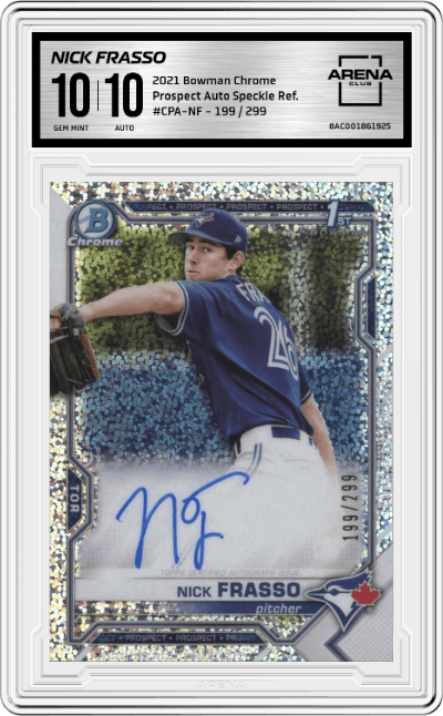 Nick Frasso from the 2021 Bowman Chrome set featuring a Speckle Refractor parallel graded by Arena Club and given an overall grade of 10.