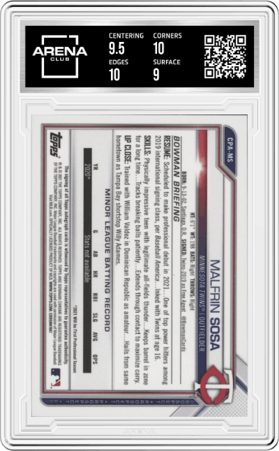 Malfrin Sosa from the 2021 Bowman Chrome set graded by Arena Club and given an overall grade of 9.5.