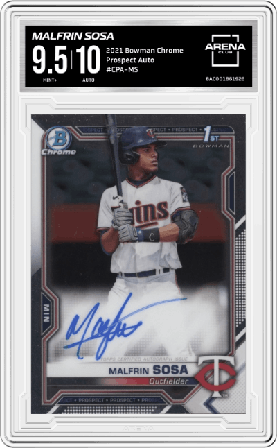 Malfrin Sosa from the 2021 Bowman Chrome set graded by Arena Club and given an overall grade of 9.5.
