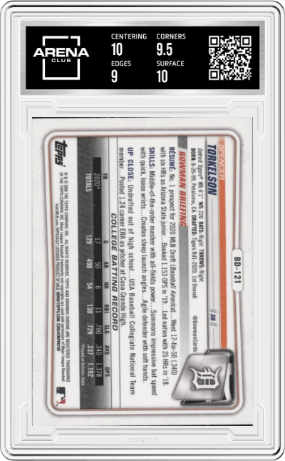 Spencer Torkelson from the 2020 Bowman Draft set featuring a Sky Blue Refractor  parallel graded by Arena Club and given an overall grade of 9.5.