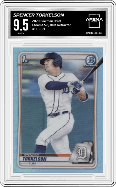 Spencer Torkelson from the 2020 Bowman Draft set featuring a Sky Blue Refractor  parallel graded by Arena Club and given an overall grade of 9.5.