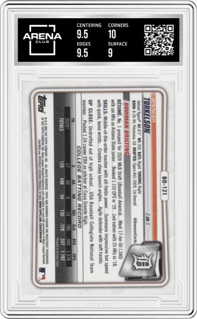 Spencer Torkelson from the 2020 Bowman Draft set graded by Arena Club and given an overall grade of 9.5.