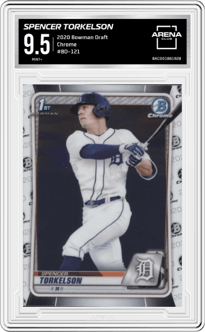 Spencer Torkelson from the 2020 Bowman Draft set graded by Arena Club and given an overall grade of 9.5.
