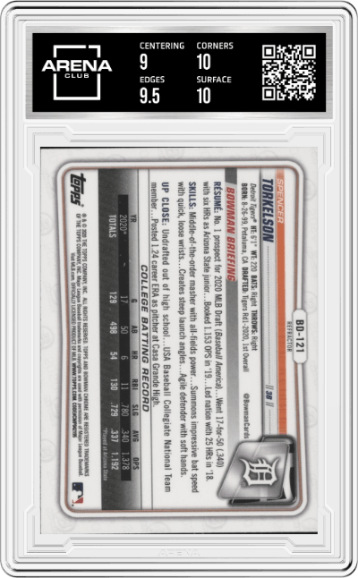 Spencer Torkelson from the 2020 Bowman Draft set featuring a Refractor parallel graded by Arena Club and given an overall grade of 9.5.