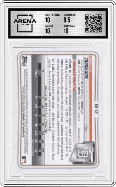 Spencer Torkelson from the 2020 Bowman Draft set graded by Arena Club and given an overall grade of 10.