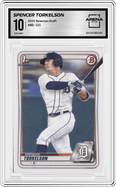 Spencer Torkelson from the 2020 Bowman Draft set graded by Arena Club and given an overall grade of 10.