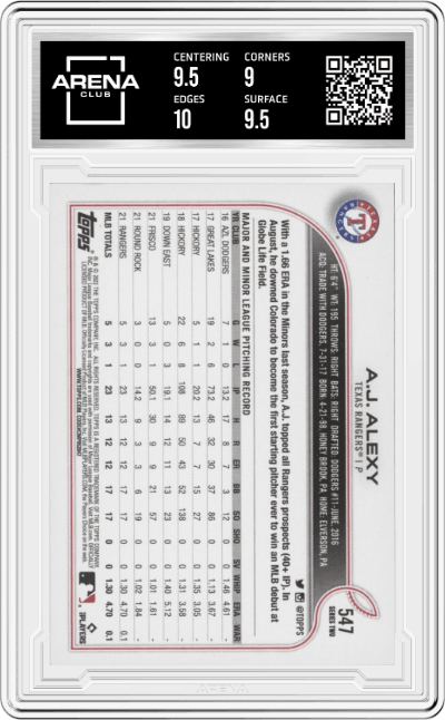 A.J. Alexy from the 2022 Topps set graded by Arena Club and given an overall grade of 9.5.