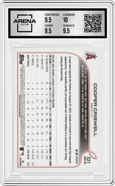 Cooper Criswell from the 2022 Topps set graded by Arena Club and given an overall grade of 10.